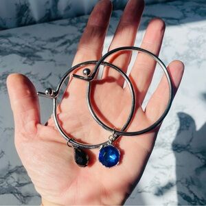 Silver Set of 2 Elegant Sapphire Blue & Grey/charcoal Charm Beaded Bracelet